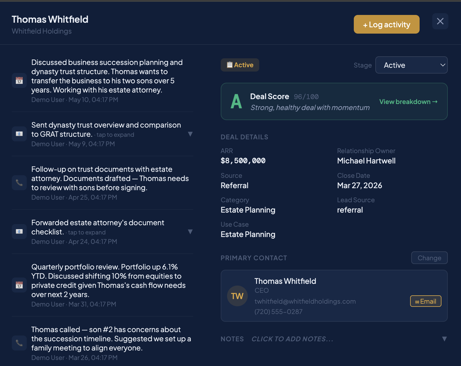 Made CRM deal panel showing full activity log, deal details, and primary contact information